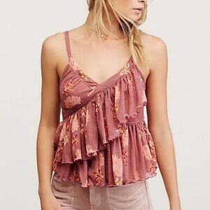 FREE PEOPLE MELBOURNE PRINTED RUFFLED RIBBED TANK